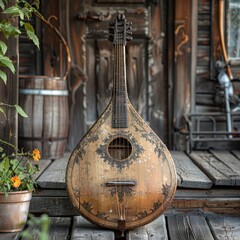 traditional Ukrainian bandura instrument, wooden porch, realistic style, soft evening light, earthy brown and gold tones, centered composition with negative space around