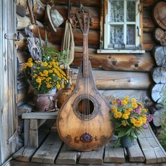 traditional Ukrainian bandura instrument, wooden porch, realistic style, soft evening light, earthy brown and gold tones, centered composition with negative space around