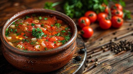 traditional Ukrainian borschok soup in clay pot, wooden table, realistic style, soft evening light, earthy red and beige tones, top-down view with negative space in center