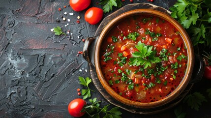 traditional Ukrainian borschok soup in clay pot, wooden table, realistic style, soft evening light, earthy red and beige tones, top-down view with negative space in center,