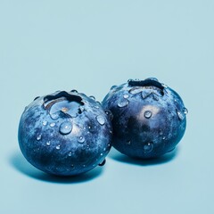 Two blueberries, Blueberries have water droplets on their surface, Fruit advertising photography, Clean background, Light blue background, hd