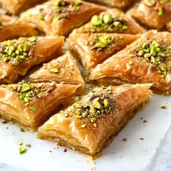 Turkish baklava slices with crushed pistachios scattered on a white background