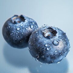 Two blueberries, Blueberries have water droplets on their surface, Fruit advertising photography, Clean background, Light blue background