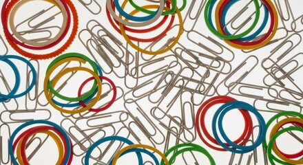 Rubber bands and paper clips in a colorful abstract design on a white background