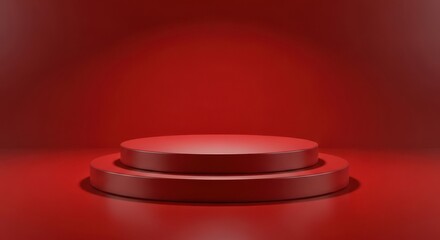 Twotiered round platform against a red backdrop presents a modern and clean aesthetic