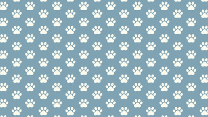Seamless white paw print pattern on a dusty blue background. Ideal for pet-themed designs