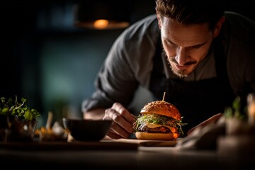 A chef is carefully peeking under the bun of his burger to see if it's ready for serving, with various ingredients and decorations on the table in front of him.