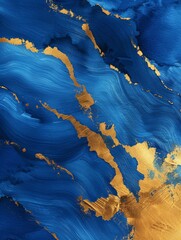 watercolor strokes in vibrant cobalt and gold, fluid organic patterns, plain background, realistic style, bright studio lighting, rich tones, off-center composition with negative space on right