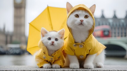 An adorable kitten and mother cat with an umbrella, wearing stylish yellow, matching raincoat, London city in background