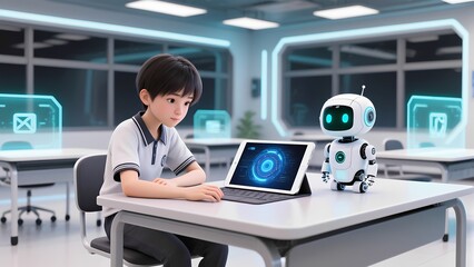 Futuristic cartoon student using digital tablet with friendly robot assistant in high-tech classroom
