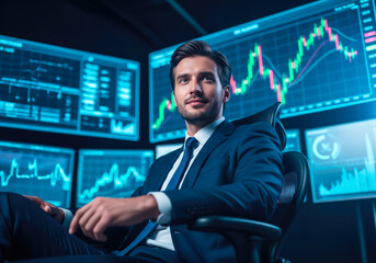 A businessman sits confidently with a glowing financial stock graph display behind him. Generative Ai.