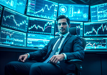 A businessman sits confidently with a glowing financial stock graph display behind him. Generative Ai.