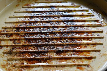 dirty white circle pan after cooking in home
