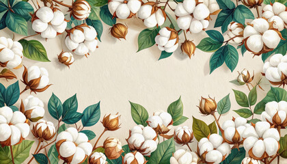 Obraz premium Beautiful cotton flowers and leaves in a natural setting on a white background ideal for illustrations and copy space