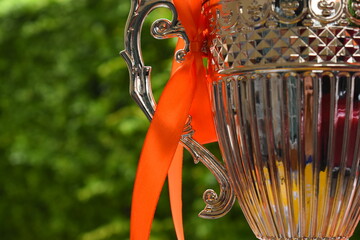beautiful golden trophy with orange ribbon on green tree background
