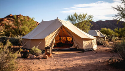 Survival tent erected amidst a stunning desert landscape with open copy space for text and creative use