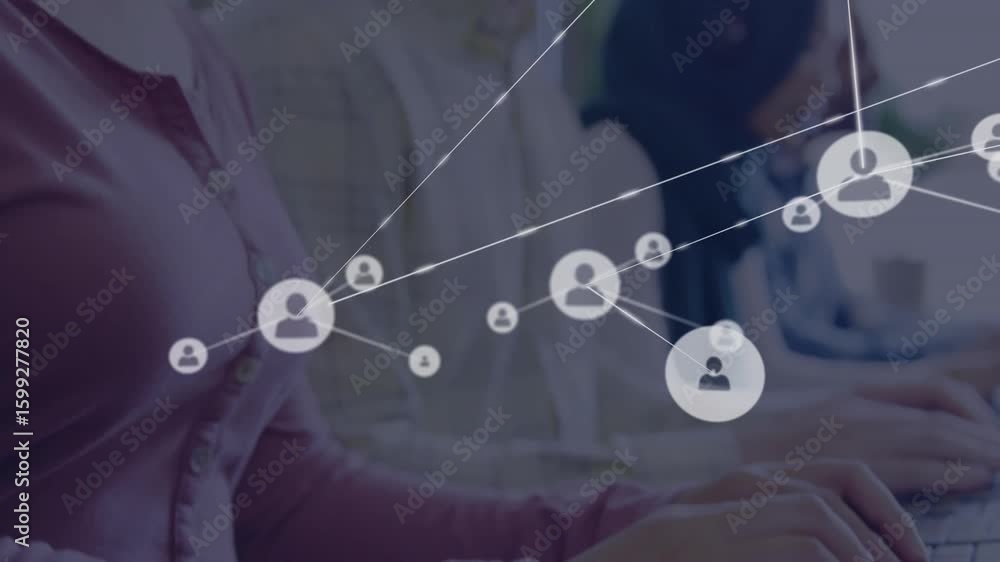 Poster hands typing on keys starting network graphic spawning icons lines showing call center connectivity
