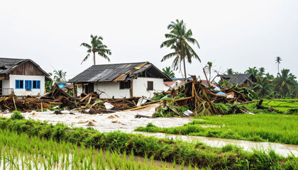 Fototapeta premium House surrounded by flooded rice fields after typhoon damage with clear copy space for text and isolation on white background