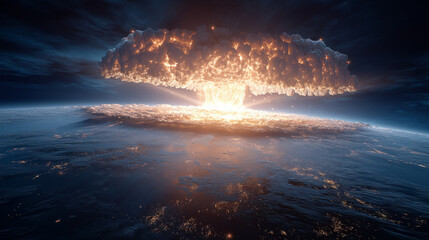 Nuclear Explosion over Earth: A massive, fiery nuclear explosion unfolds over the earth, with the mushroom cloud reaching towards the dark sky. The image evokes a sense of destruction and power.