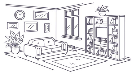 Illustration of a living room with sofa bookcase tv plant pictures clock and a window line art style