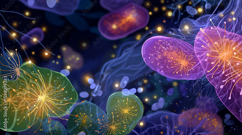 Poster microscopic marvel: a vivid display of intricate microorganisms, each pulsating with light and energ