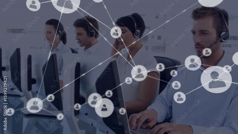 Poster after pause customer support team typing at desks with animated user-icon nodes showing call links