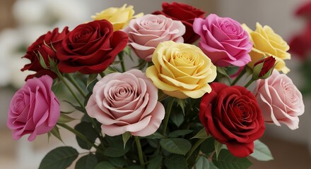 Colorful Mixed Roses Bouquet in Pink Red Yellow Shades for Floral Arrangements
