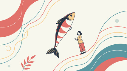 Woman looking at a large fish with red and white stripes in a stylized abstract background scene design