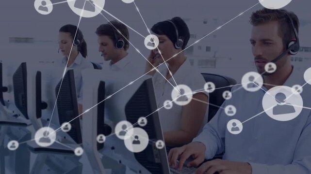 After pause customer support team typing at desks with animated user-icon nodes showing call links - Powered by Adobe