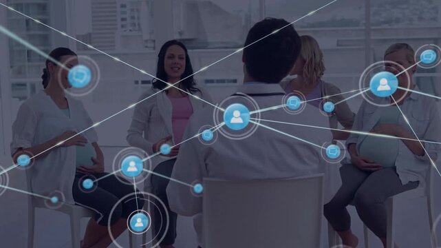 Facilitator initiating user icon over shoulder, growing health network around expectant mothers