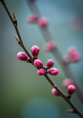 Pink Peach Blossoms on Branch Close Up