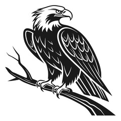 Obraz premium A majestic eagle perched on a tree branch in a black and white vector illustration