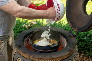 an elderly bearded gray-haired man cooks in the yard