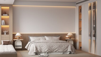 Modern Minimalist Bedroom Interior Frame Poster Mockup – 3D Rendering