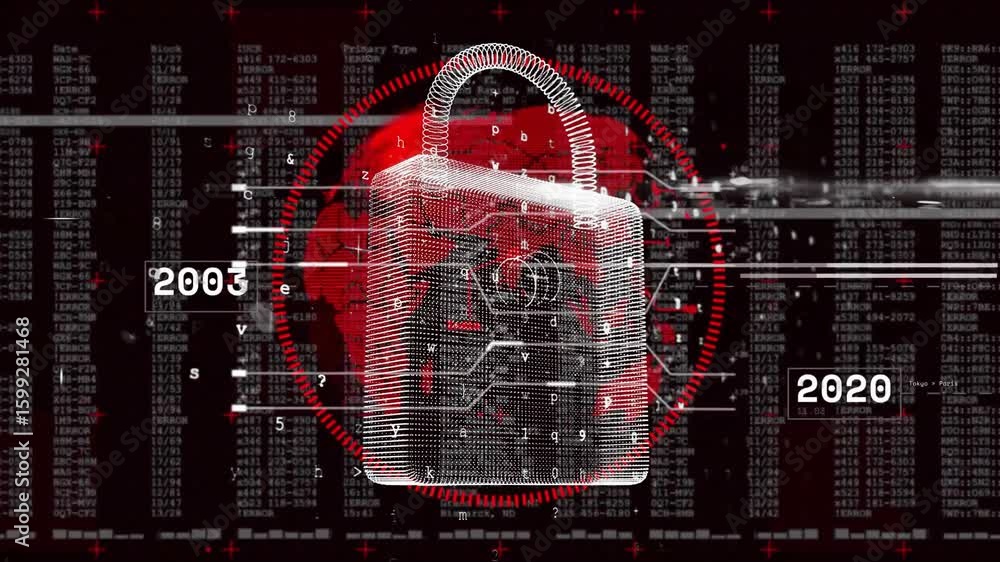 Poster white wireframe padlock rotating and pulsing while year labels updating showing security history