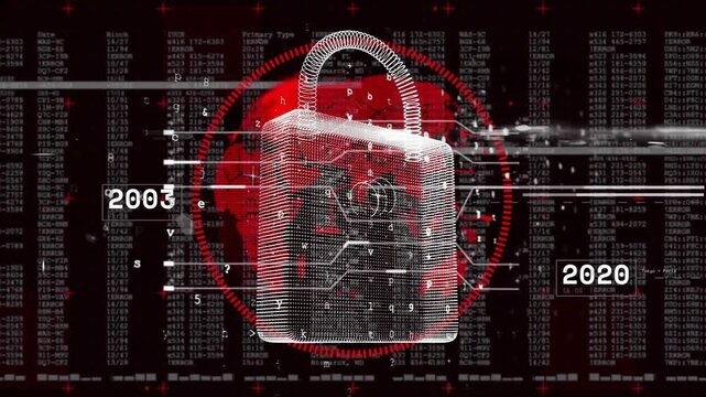 White wireframe padlock rotating and pulsing while year labels updating showing security history