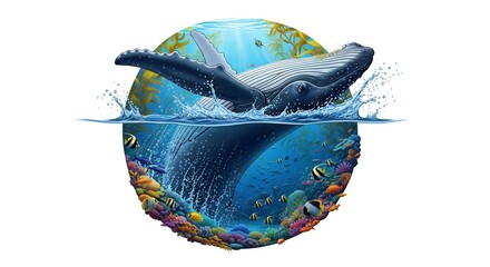 Whale Swimming in Underwater Coral Reef Scene with Colorful Fish and Ocean Plants