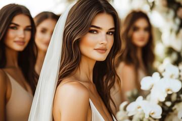 Elegant bride with long brunette hair and veil standing with her bridesmaids during a stylish outdoor wedding ceremony