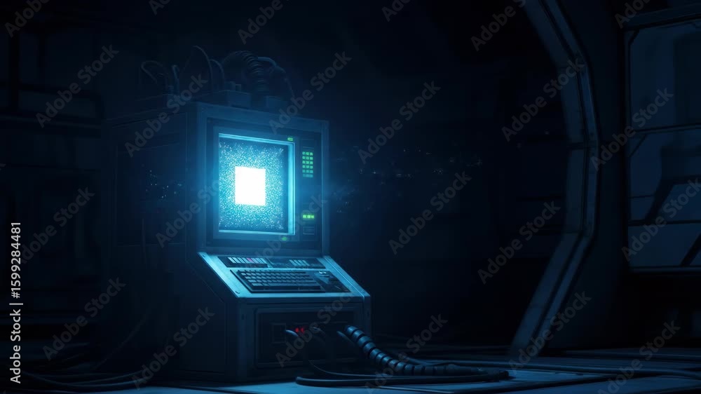 Poster futuristic terminal with glowing screen, complex cables and computer keyboard in a dark technology e