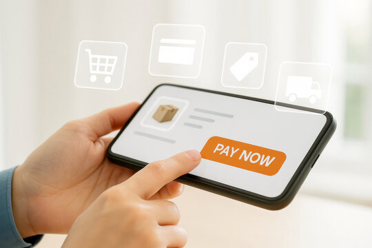 Close-up of a person using a smartphone for online shopping with a &ldquo;Pay Now&rdquo; button on screen, surrounded by e-commerce icons &mdash; ideal for illustrating mobile payments and digital retail