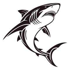 Fototapeta premium A black and white illustration of a great white shark swimming upwards with its