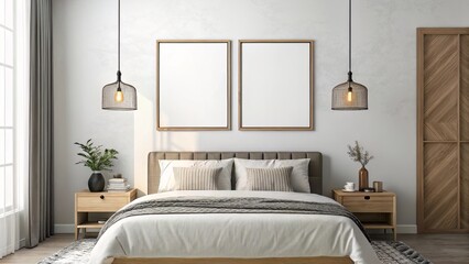 Bedroom Wall Poster Mockup with Dual Frames Above Bed and Pendant Lights for Home Decor Concepts
