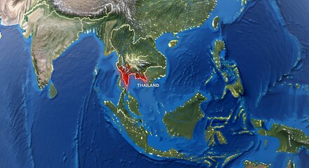 Map of Southeast Asia Highlighting Thailand in Red on a Digital Geographic Map