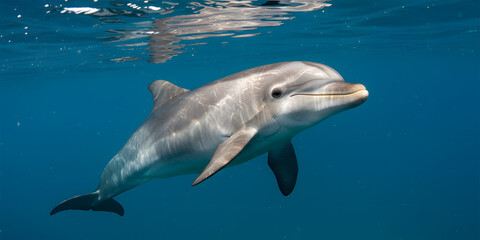 Naklejka premium Graceful Dolphin Swimming Underwater in Azure Waters.