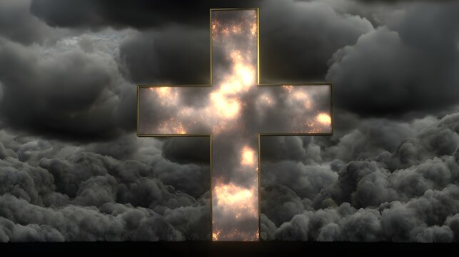 Illuminated cross against a backdrop of dark clouds.