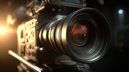 Professional film camera with complex lens focused in low light setting