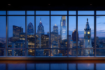 Stunning Night View of Philadelphia Skyline from Modern Office Window