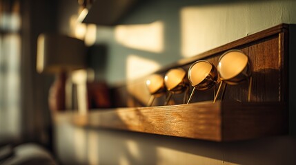 Wooden shelf with golden knobs, bathed in warm sunlight, interior decor close-up