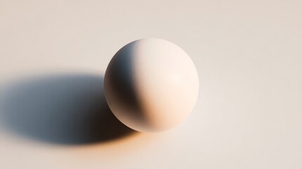 A single, smooth, white sphere rests on a pale, subtly textured surface, illuminated by a soft, warm light source casting a gentle shadow to its side