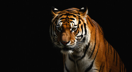 Obraz premium Majestic Tiger Portrait Against Black Background.